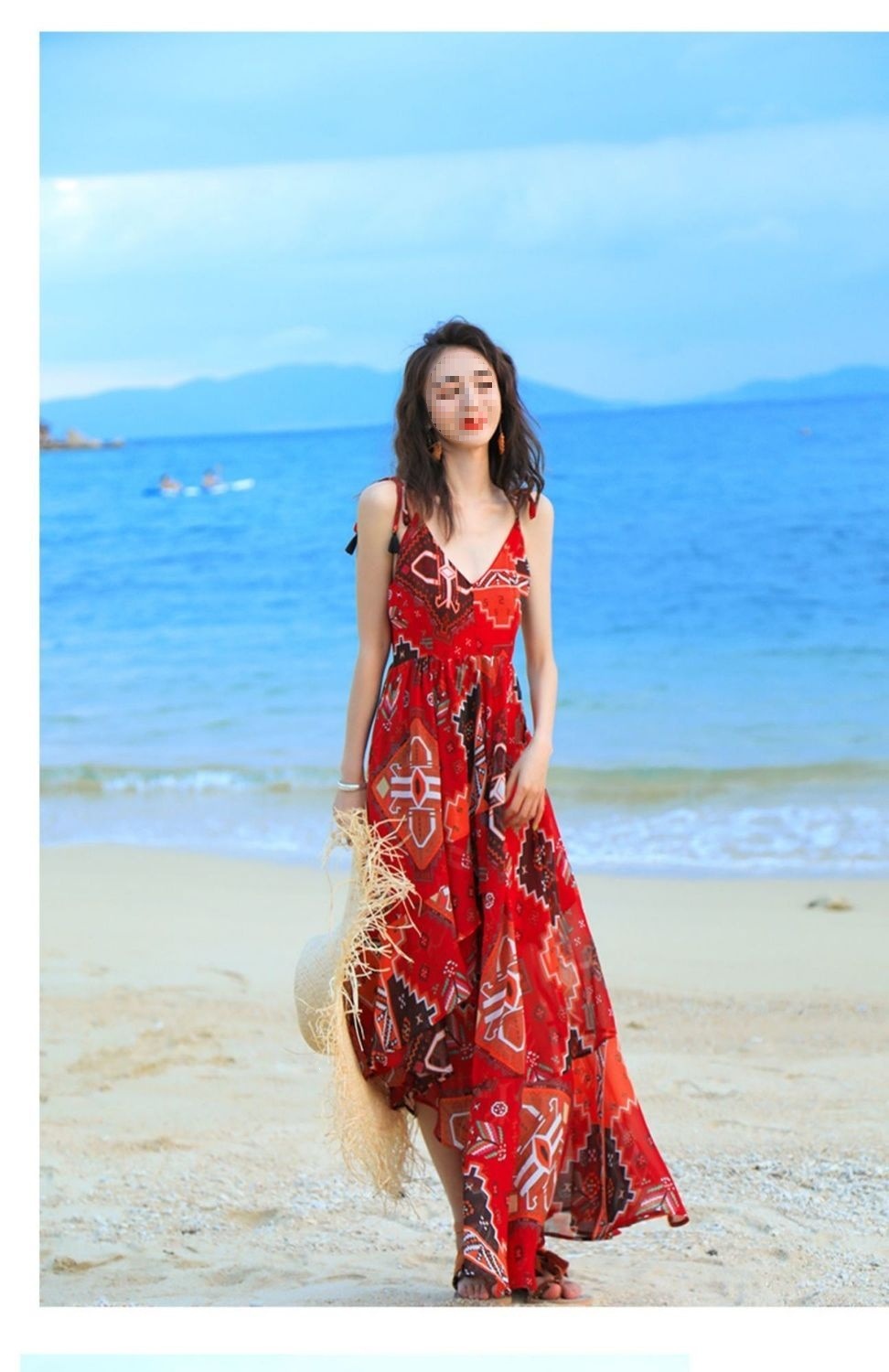 Đầm maxi voan treo nữ phong cách Bohemian dài chấm gót — màu đỏ chi tiết 11
