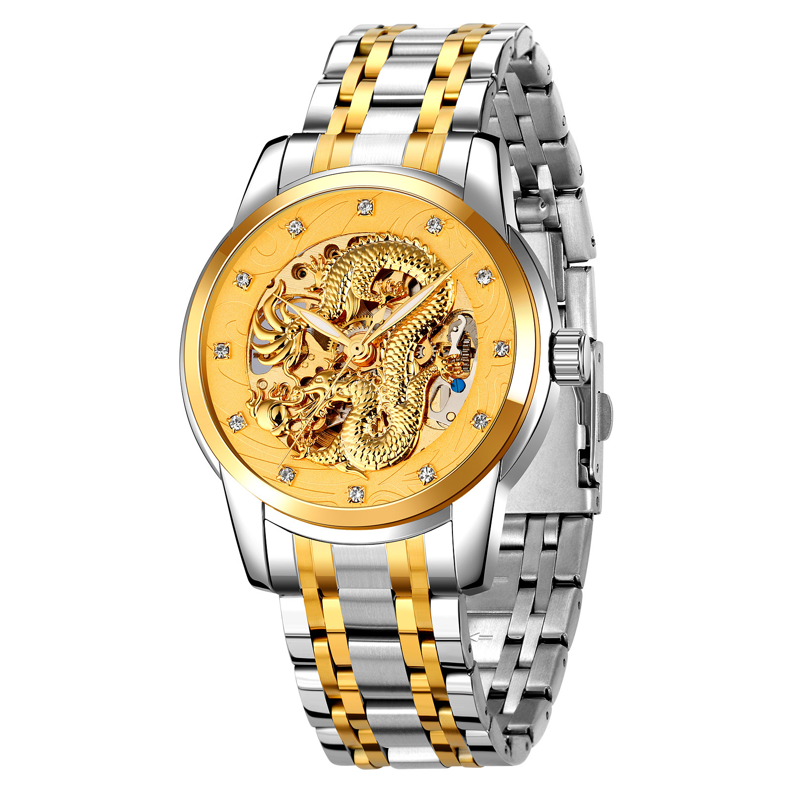 Momento de belleza en relieve de oro dragón penetrante reloj mecánico con diamante correa de acero impermeable reloj de hombre comercial personalizado transfronterizo al por mayor
