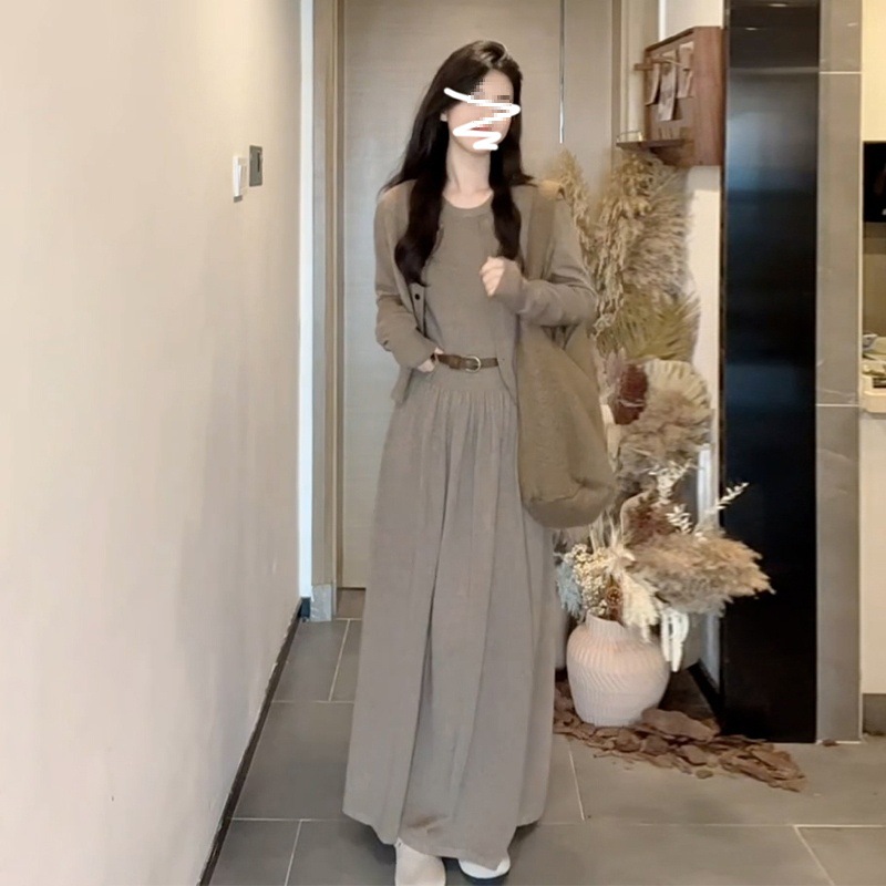 2024 년 새 초가을 니트 긴팔 원피스 여성 한국식 분위기 착용 우아한 긴 원피스 패션