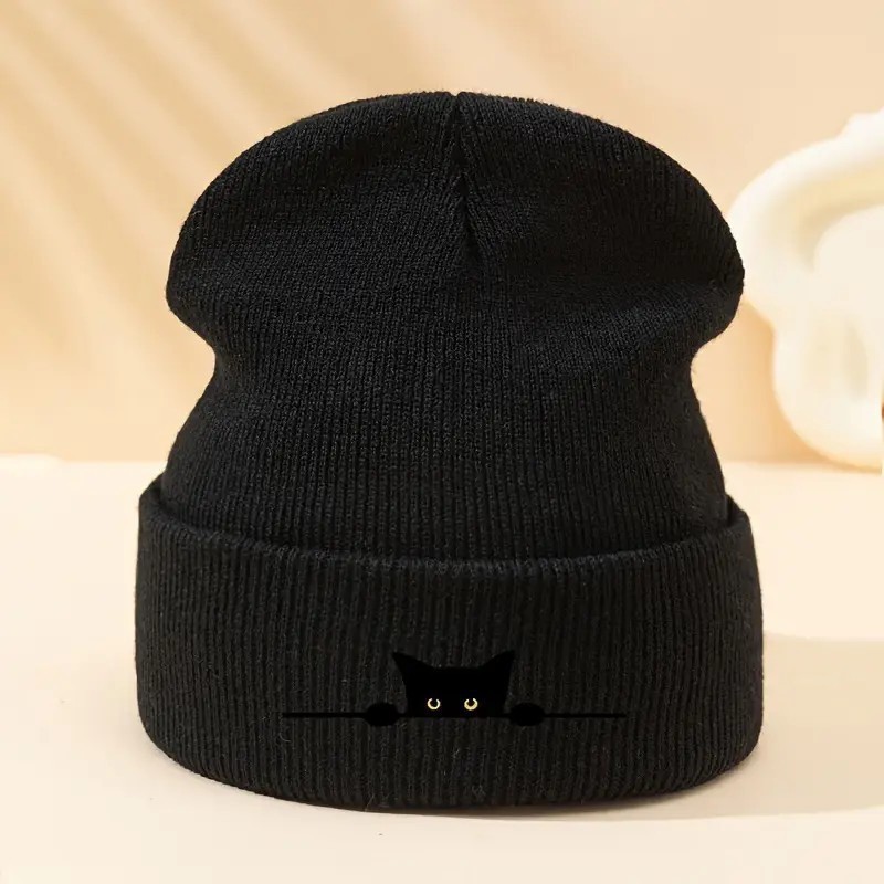 新款秋冬保暖冷帽卡通黑猫印花毛线帽男女休闲情侣针织帽子米色|undefined