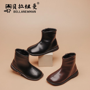 Girls' Black Small Leather Boots Autumn 2024 Girls' High-top Leather Boots Solid Color Square Toe Princess Shoes Large Children's Boots