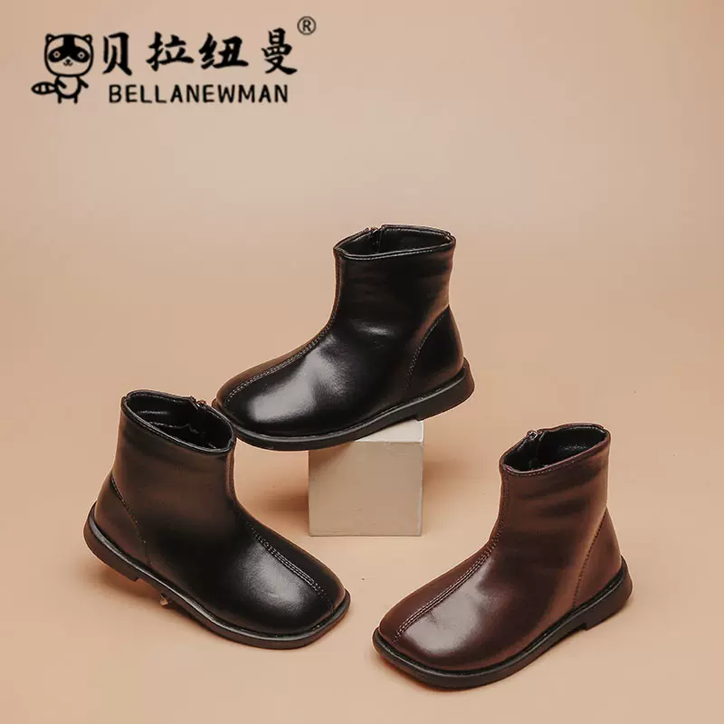 女童黑色小皮靴2024秋季女童高帮皮靴纯色方头公主鞋中大童靴子