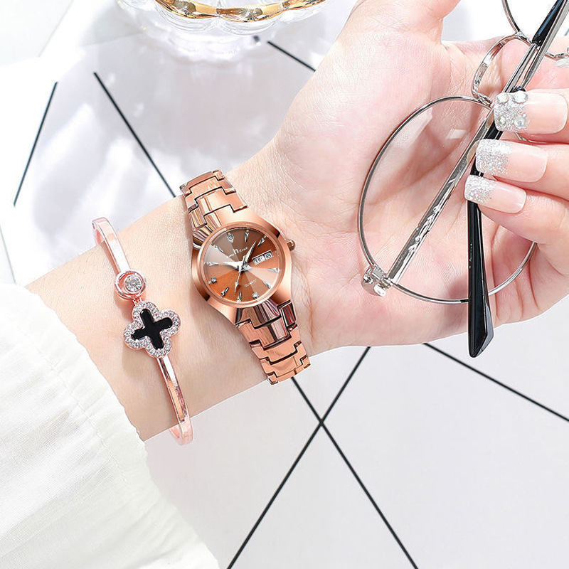 Cross-Border Foreign Trade Live Broadcast Tungsten Steel Color Couple Watch Women's Men's Calendar Waterproof Luminous Quartz Watch Women's Watch