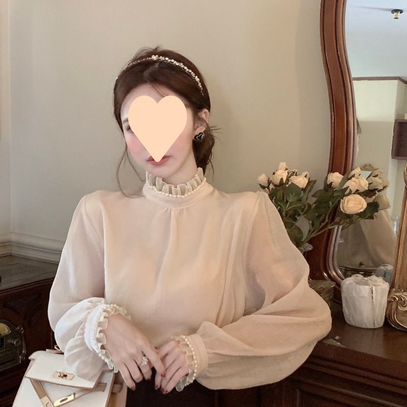 半高領內搭泡泡袖襯衫上衣秋季長袖套頭花邊蕾絲打底衫襯衣女