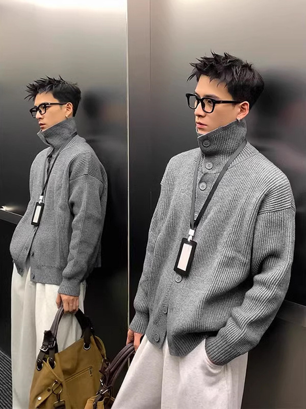 Gray Navy Collar Knitwear Men's Winter Buttoned Turtleneck Cardigan Jacket Korean Style Casual Inner Knitwear Trendy