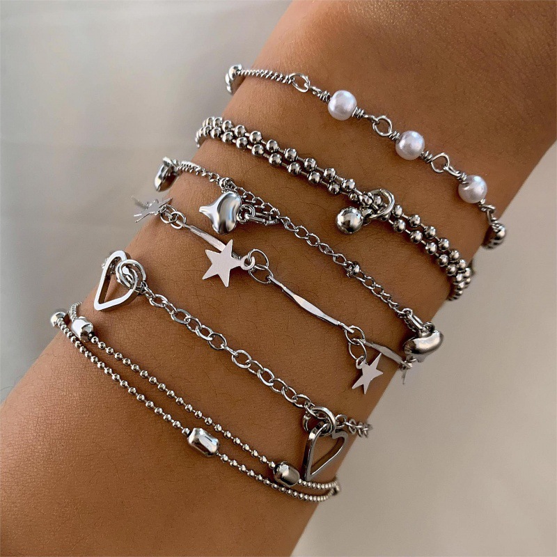 Cross-border New Fashion Simple Star Heart Tassel Bracelet Versatile Geometric Beaded Bracelet Six-piece Set for Women