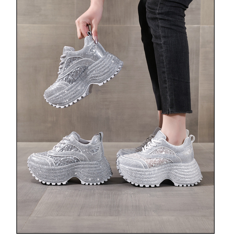 Giày sneaker nữ chunky đế dày lưới phối đá rhinestone — màu trắng chi tiết 17