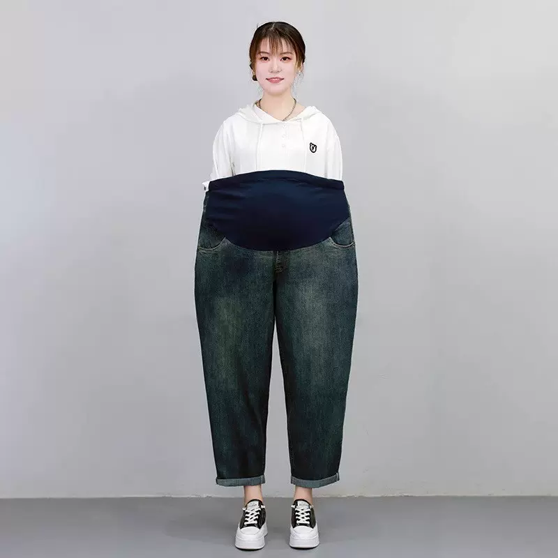 孕妇牛仔裤加绒冬款外穿冬季加大码宽松托腹哈伦老爹裤大码冬款