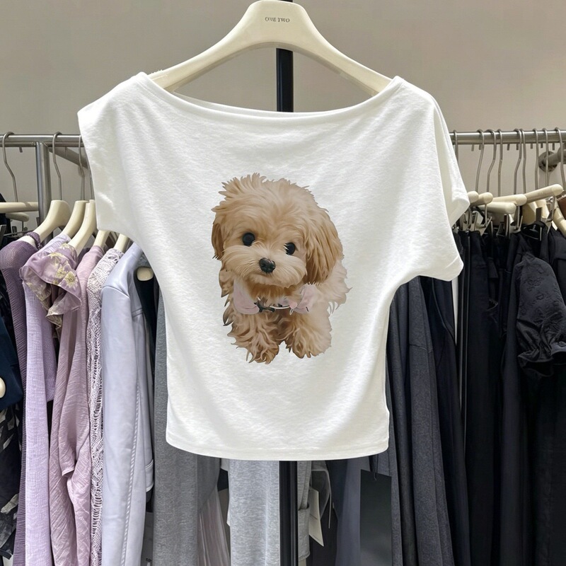 Outlet~Brand Discount Hot Girl Style One-Shoulder Cartoon Print Short Sleeve T-Shirt Slim Fit Versatile Top for Women Outlet~Brand Discount Hot Girl Style One-Shoulder Cartoon Print Short Sleeve T-Shirt Slim Fit Versatile Top for Women