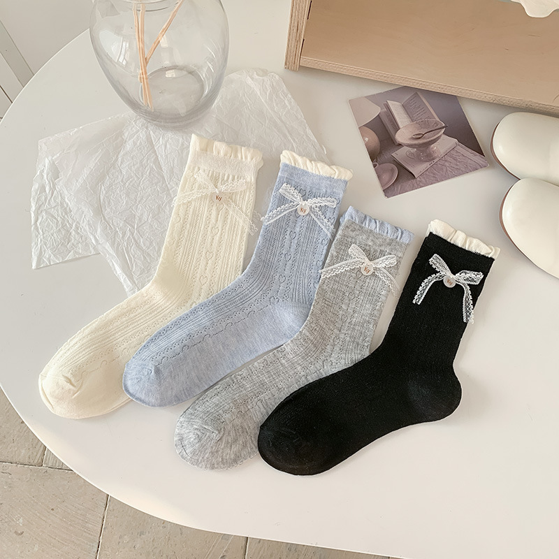女性用レースリボンレースソックス、夏用薄手バレエスタイルミッドカーフソックス、小さな革靴付きラブメッシュパイルソックス|undefined