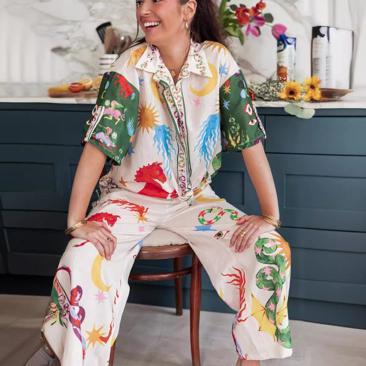 350g Weight Half Sleeve Sleeve Length Linen, Polyester Fabric Type Holiday Beach Women's Vacation Animal Sun Linen Polyester Printing Pant Co-ord Set Pants Sets