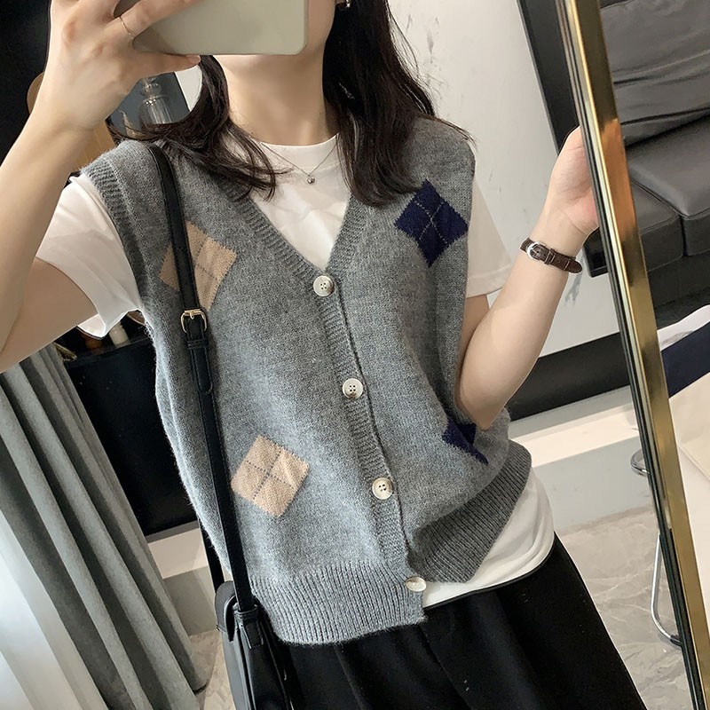 2023 otoño e invierno nuevo japonés retro diamante Plaid contraste color cuello en V suéter chaleco exterior chaleco cardigan de punto para las mujeres