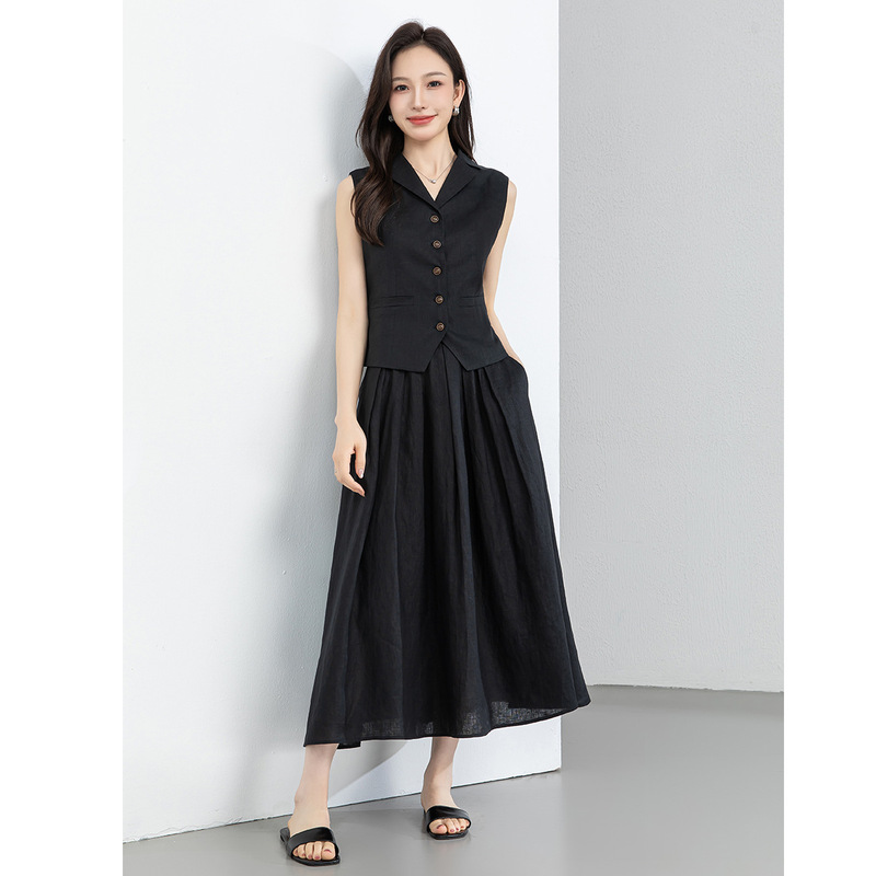 Yifei Linen Suit for Women, Summer Casual Black Vest and Skirt, Sleeveless Old Money Style Outfit, Slimming Effect