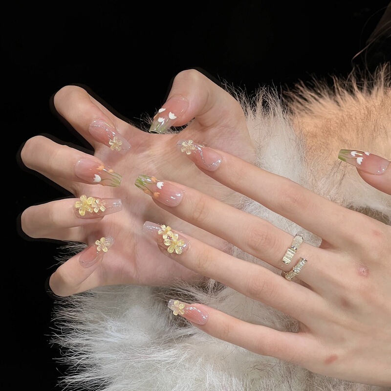 Summer Whitening Ice Transparent Three-Dimensional Flower Wearable Nails Fresh and Sweet Three-Dimensional Tulip Nail Art Stickers Finished Nails Cross-Border