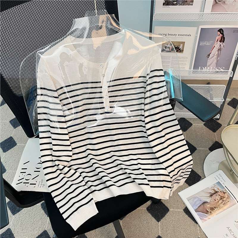 Dahong's Same Style [California Angel] Round Neck Single-Breasted Stripesd Knitwear Wool Slim Slimming Look Top