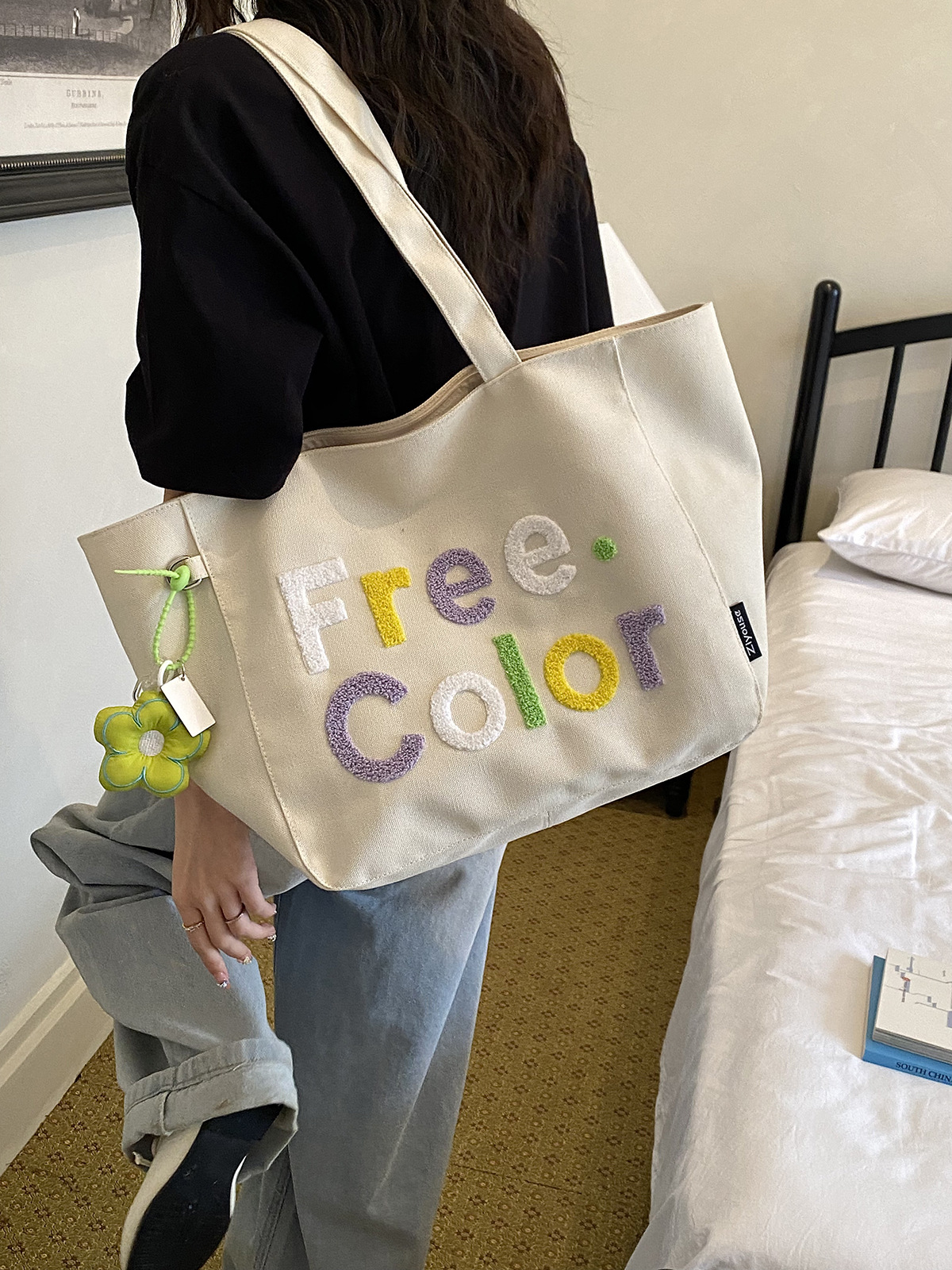 letras de color coreanas bordadas bolsas de lienzo de estilo estilo simple moda versátil bolsas de hombro para estudiantes