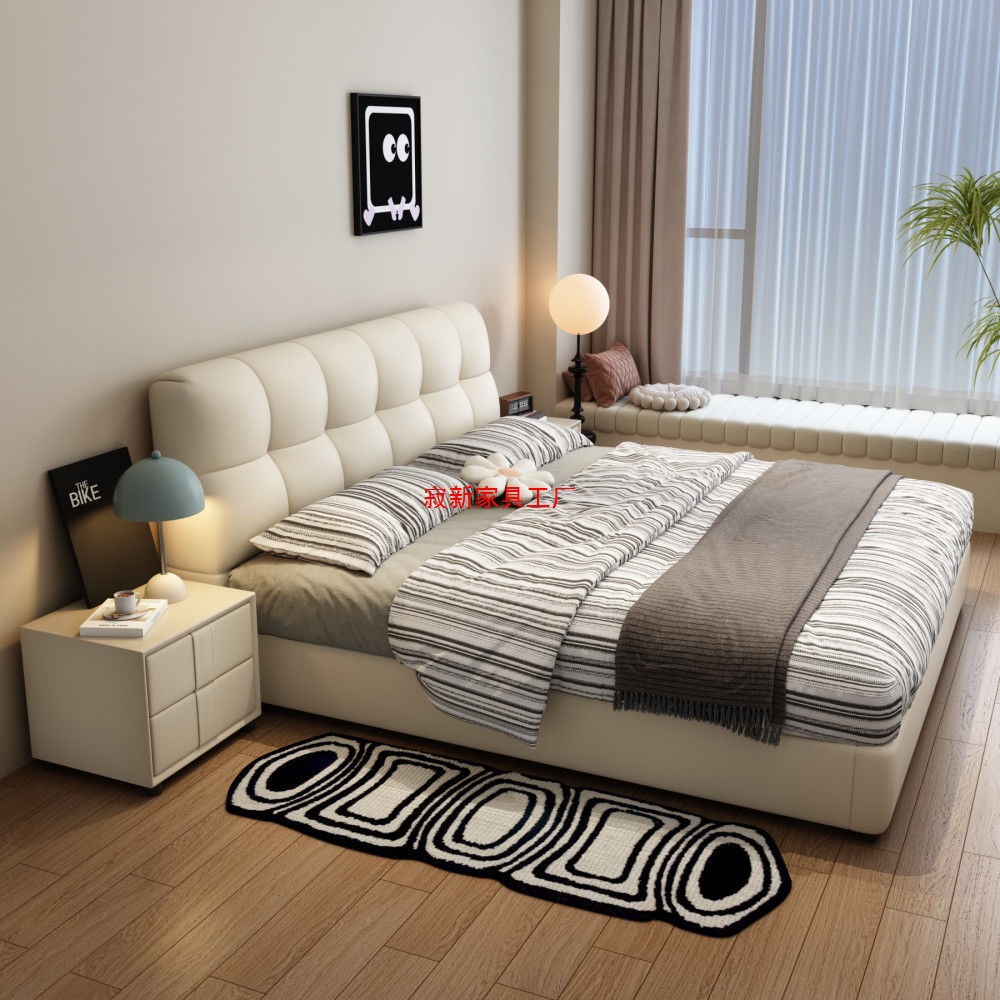 Trendy Instagram Black Genuine Leather Bed Modern Minimalist Cream Puff Small Apartment Red Book Same Style Storage Master Bedroom Large Bed