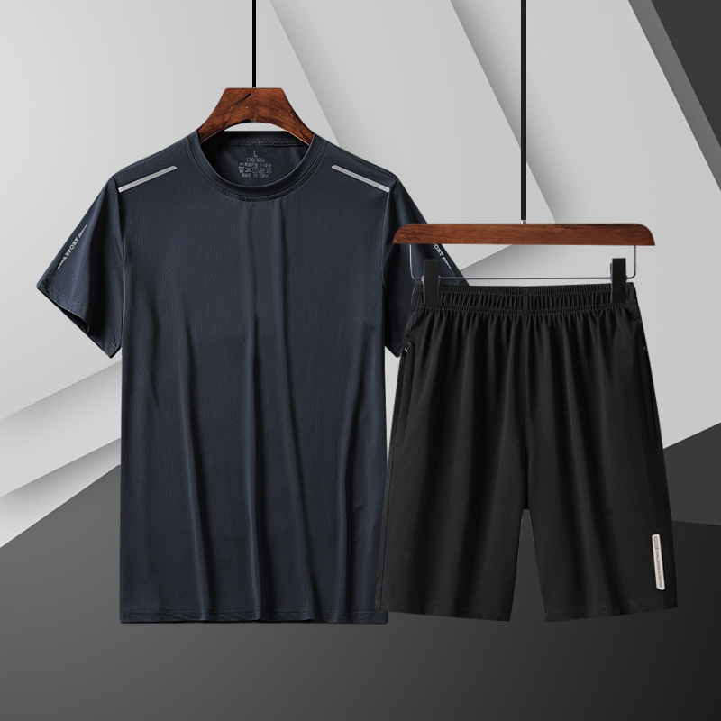 Summer Men's Sports Short-sleeved suit Ice Silk Quick-drying Breathable Solid Color Casual Round Neck T-shirt Sports Shorts 2-piece Set