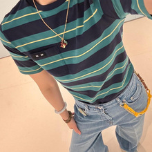 MM蓝绿色宽条纹撞色圆领T恤女提花字母25夏季宽松简约百搭潮短袖