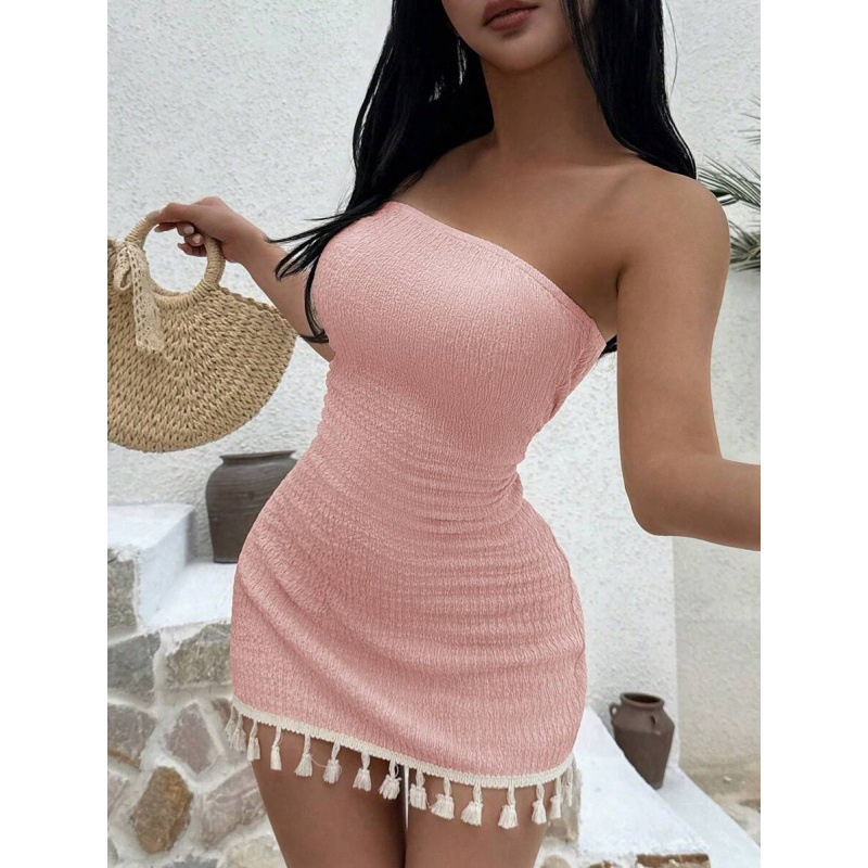 D 11894 comercio exterior transfronterizo tela de textura sexy sin cinturón de hombro vestido de costura de borda