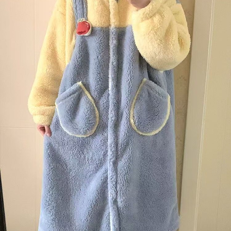 可爱卡通背带熊睡衣女珊瑚绒保暖冬季长袖长裤可外穿套装家居服|undefined