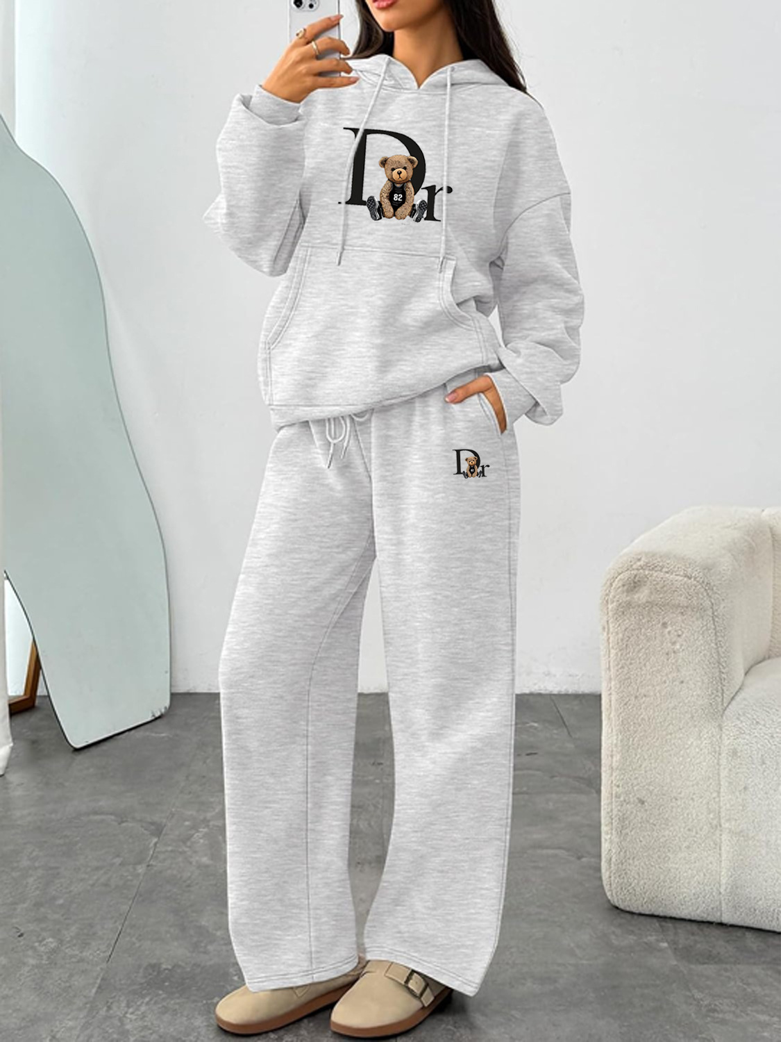 Conjunto de sudadera con capucha y pantalones de pierna ancha y rectos, con estampado de letras, de otoño e invierno, de comercio electrónico transfronterizo_voghion.com