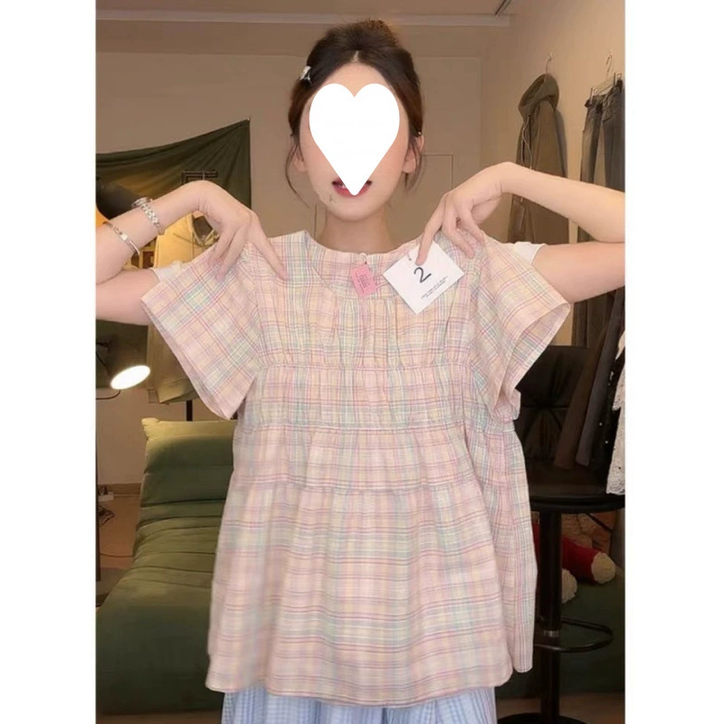 Летняя розовая клетчатая рубашка в студенческом стиле, футболка с короткими рукавами, женская футболка в японском стиле, милый стиль для девочек, маленький топ с летящими рукавами, новый летний стиль