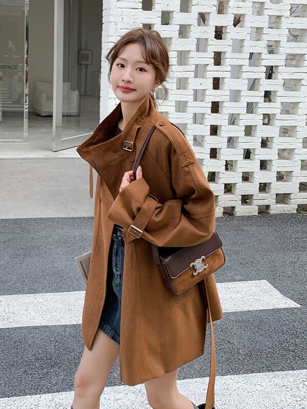 Brown Workwear Style Trench Coat for Women, Autumn 2025 New Melade Outfit, Short Petite Suede Coat