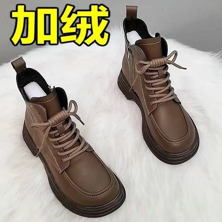 软皮加绒马丁靴女棉靴2025秋冬新款厚底保暖短靴平底百搭加厚棉鞋|undefined