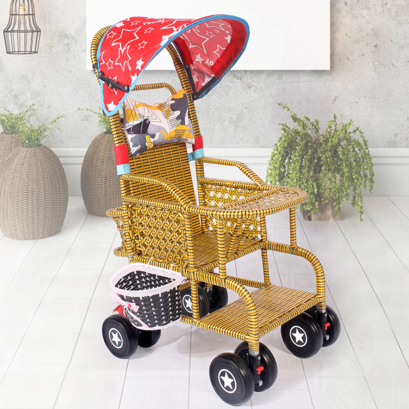 双层编椅背可调节黑色轮小红棚 送风兜带篮子♜✓