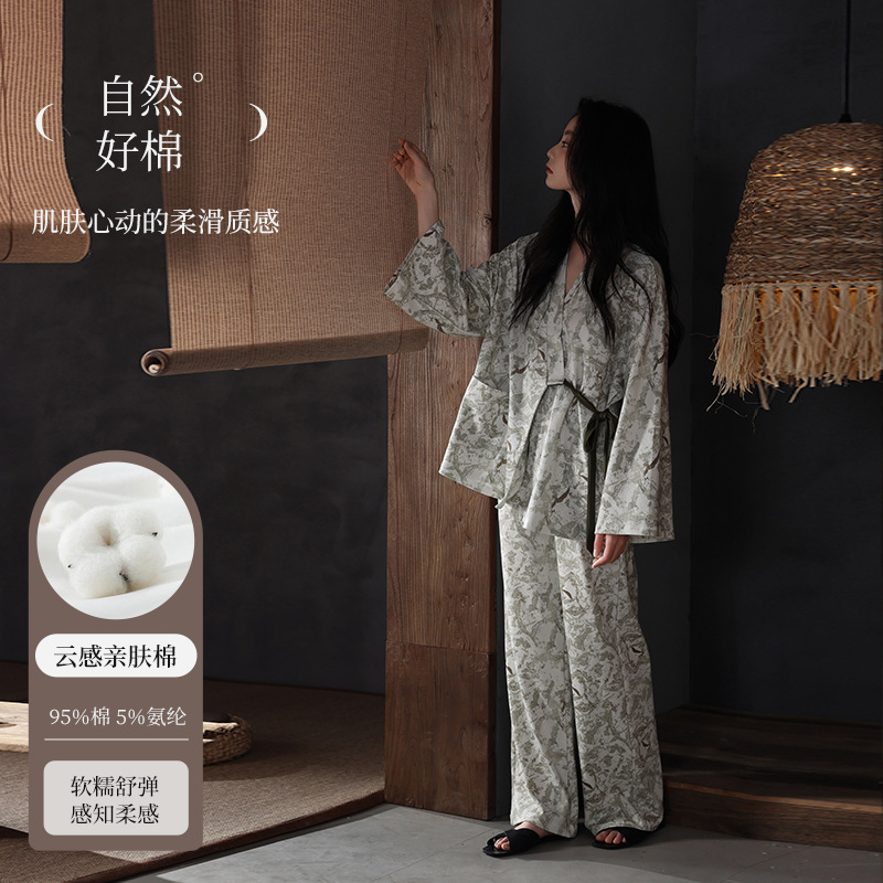 [Soft Feeling Pure Cotton] New Lace-Up Kimono Pajamas Women's Spring and Autumn Long-Sleeved Printed Soft Cotton Home Clothes Set