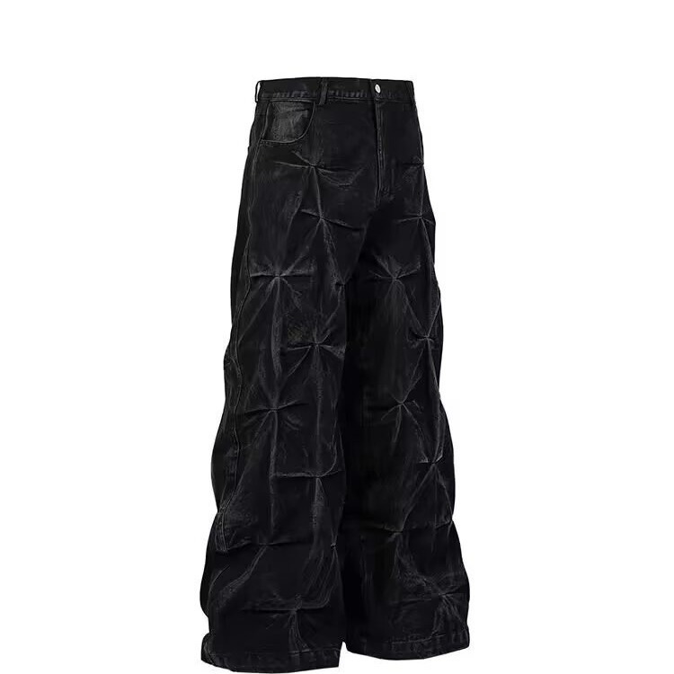 Jeans neri plissettati stile retrò da uomo, pantaloni a gamba larga, vestibilità ampia, stile street americano, marchio di tendenza di nicchia._voghion.com