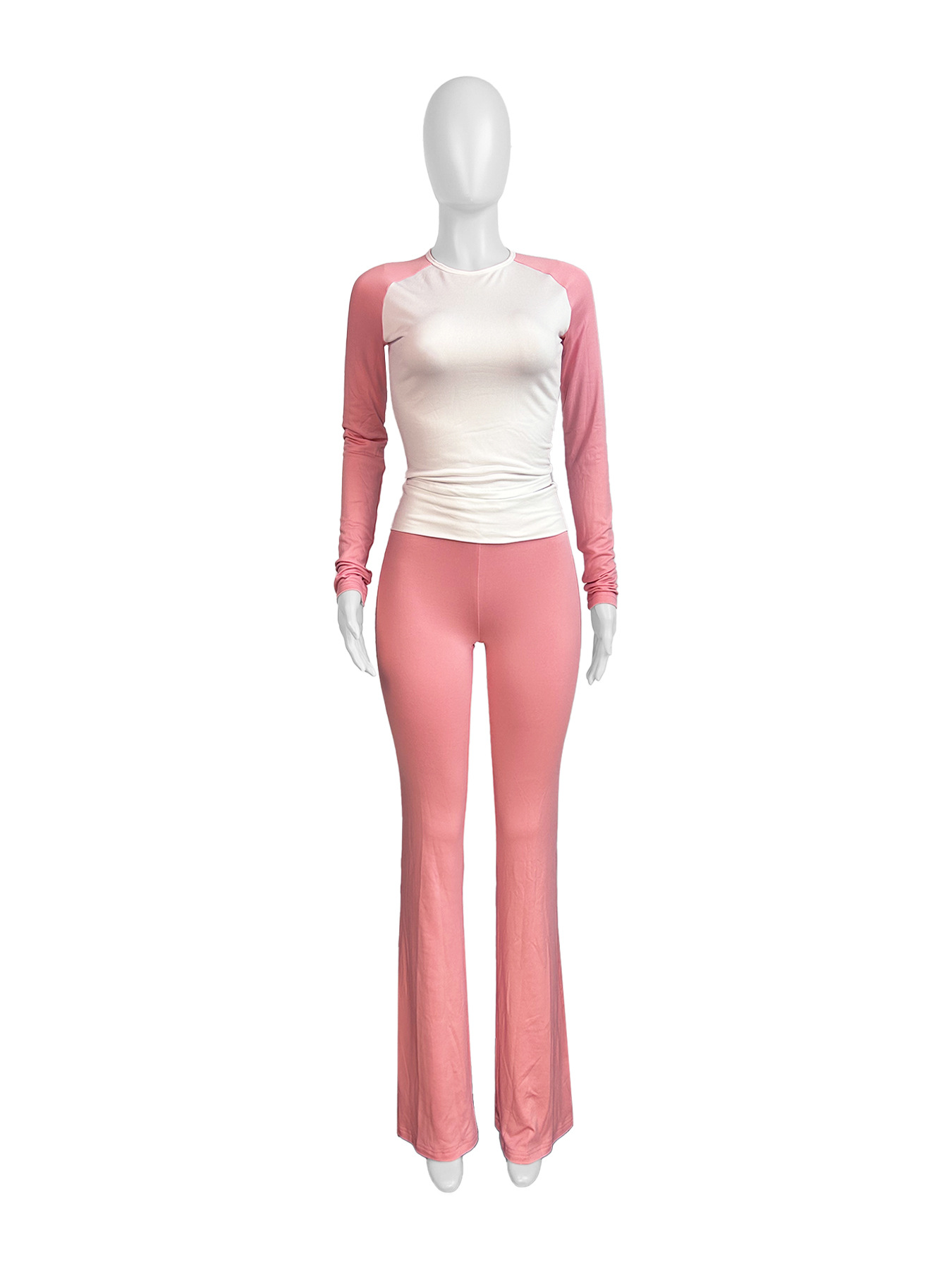 Women Clothing Contrast Color Tight High Waist Fold Slim Trousers Fleece Lined Two Piece Sets