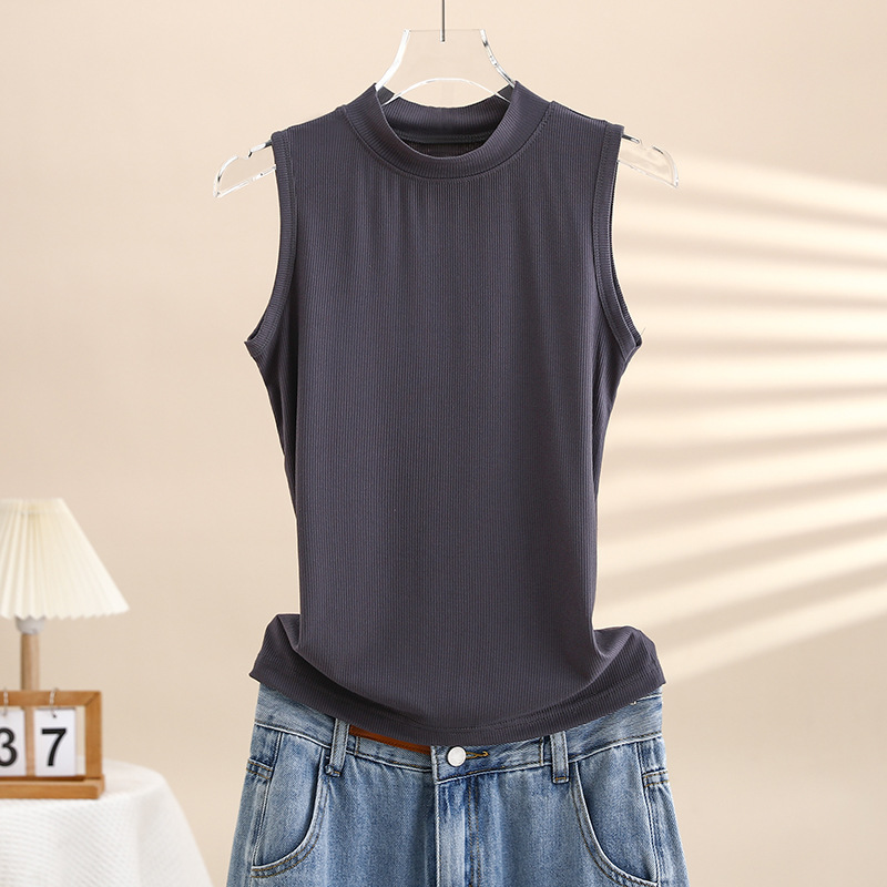Live Hot Spring and Summer New Sleeveless Half-high Collar Base Vest Women's Inner Thread Cotton Knitted Middle Collar Top