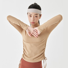 Chic and Sleek Long Sleeve Elastic Yoga Top with Drawstring for Autumn and Winter, Slimming Running Training and Fitness Wear, Breathable Cotton-Like Comfort for Leisure