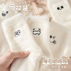 袜子女秋冬水貂绒中筒袜加绒加厚保暖百搭白色毛茸茸小眼睛堆堆袜