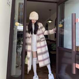 ZM8242026春秋新款拼接复古格子毛呢外套女中长款高级感呢子大衣