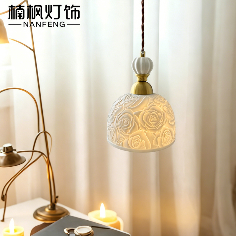 Cream-Colored Warm-Toned Japanese-Style Retro Bedroom Bedside Lamp, American-Style Versatile Light-Transmitting Ceramic Small Pendant Light Cream-Colored Warm-Toned Japanese-Style Retro Bedroom Bedside Lamp, American-Style Versatile Light-Transmitting Ceramic Small Pendant Light