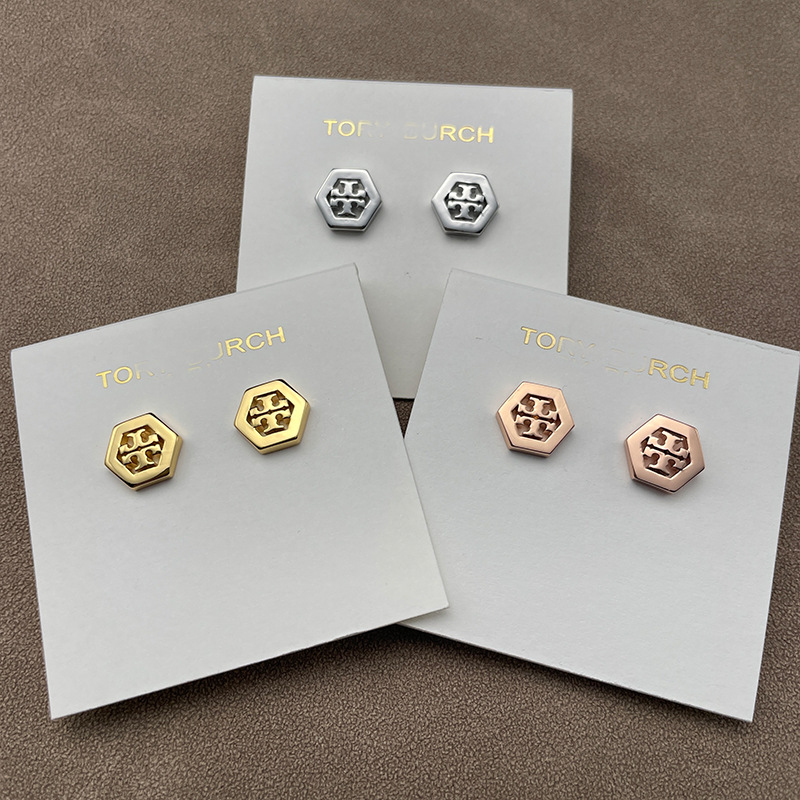 简约双T LOGO金属耳钉镂空字母几何六边形耳饰欧美外贸饰品批发