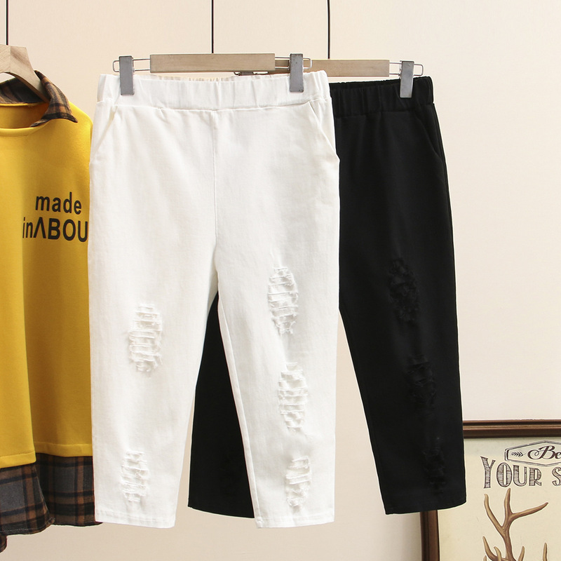 Fat Plus Size Women's Clothing High Stretch Slim-fit Slim-fit Ripped Pants Ankle-length Pants Cropped Pants Trendy 2236 Pants