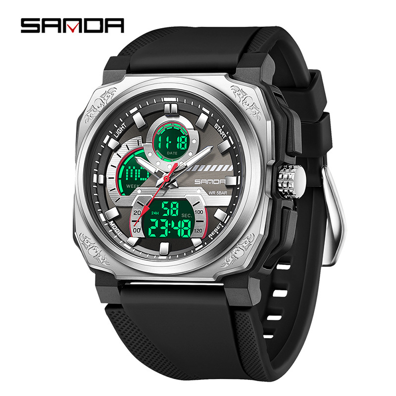 Sanda SANDA multifuncional moda juvenil doble pantalla impermeable reloj para hombre cuadrado deportes de ocio reloj electrónico para estudiantes