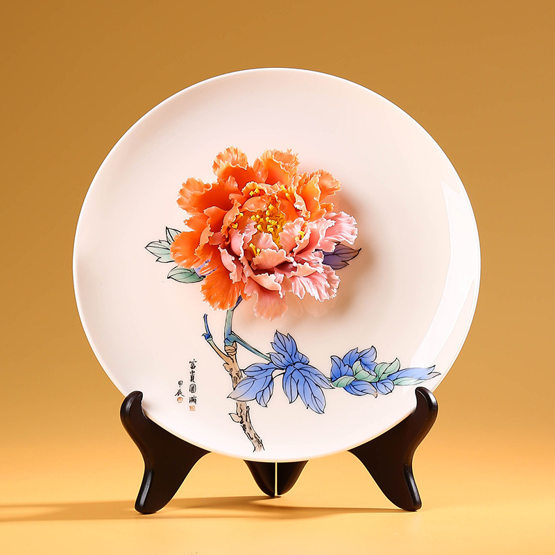 Ceramic Hand-painted Peony Flower Hanging Plate Ornaments Household Living Room Wine Cabinet TV Cabinet Antique Rack Decorative Crafts