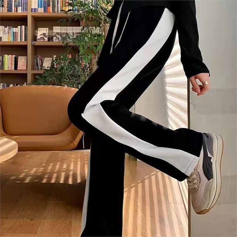 Drawstring Side Stripe Wide Leg Pants Women's Spring and Autumn High Waist Draping Straight Trousers Small Casual Sports Pants