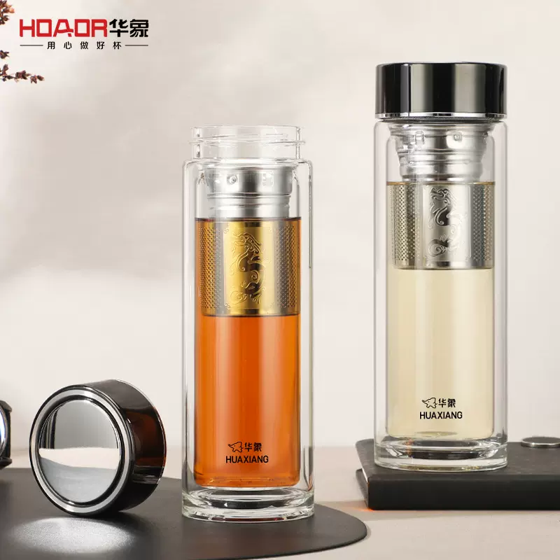 高硼硅双层玻璃杯华象2260号耐高温隔热加厚办公家用泡茶杯印字