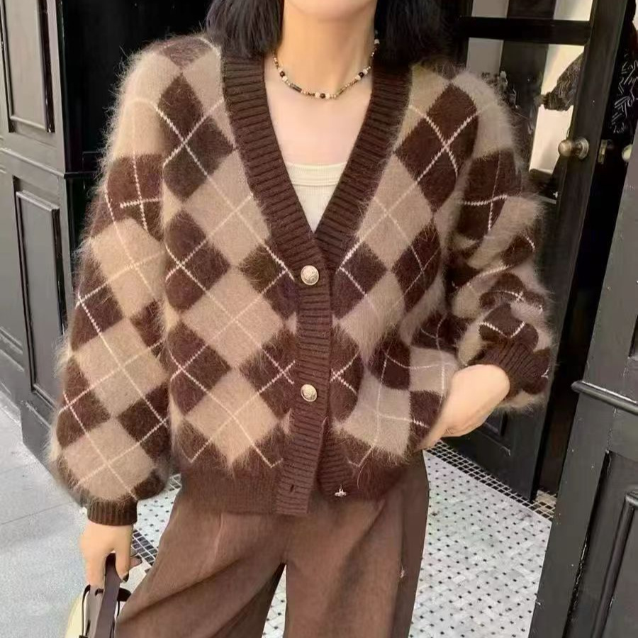 College Style Women's Autumn and Winter New Retro Rhombus Sweater Jacket Houndstooth Loose New Cross-Border Lazy Style Chic