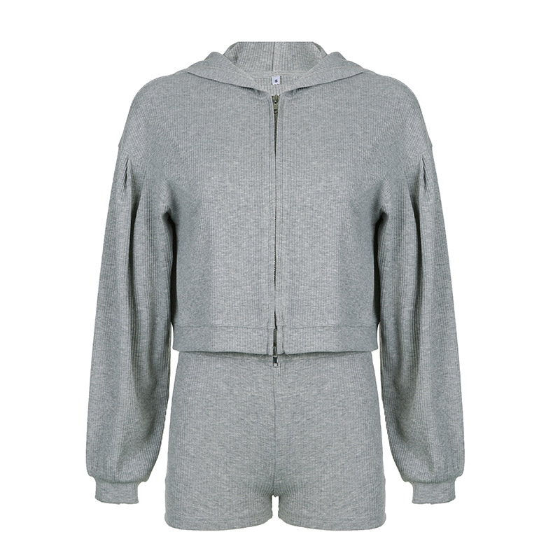 European And American Style Sports Suit Basic Solid Color Hooded Loose Zipper Jacket Small Vest + Shorts Casual_ecoleips.com