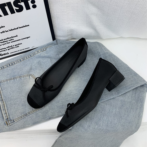 French style small fragrant style thick heel single shoes for women 2024 spring and autumn new style bow sweet grandma shoes low heel ballet shoes