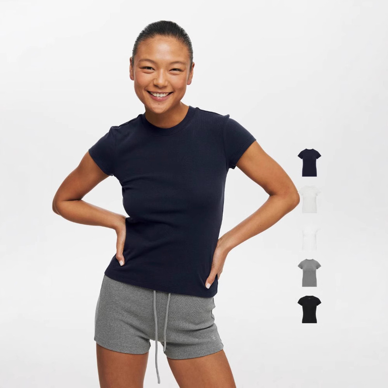 American Shoulder Sports T-Shirt Summer Flat for oneup Elastic Slim Cotton Short-sleeved Women's T-shirt New Top