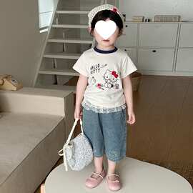 韩版童装2026新款夏季女童卡通印花短袖T恤蕾丝花边牛仔裤两件套
