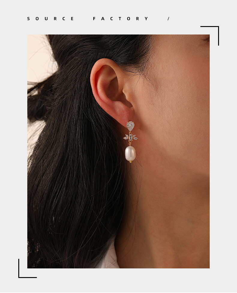 8g Weight Freshwater Pearl, Zircon Inlay Material Drop Earrings Classification 1 Pair Classic Style Geometric Inlay Copper Freshwater Pearl Zircon Drop Earrings